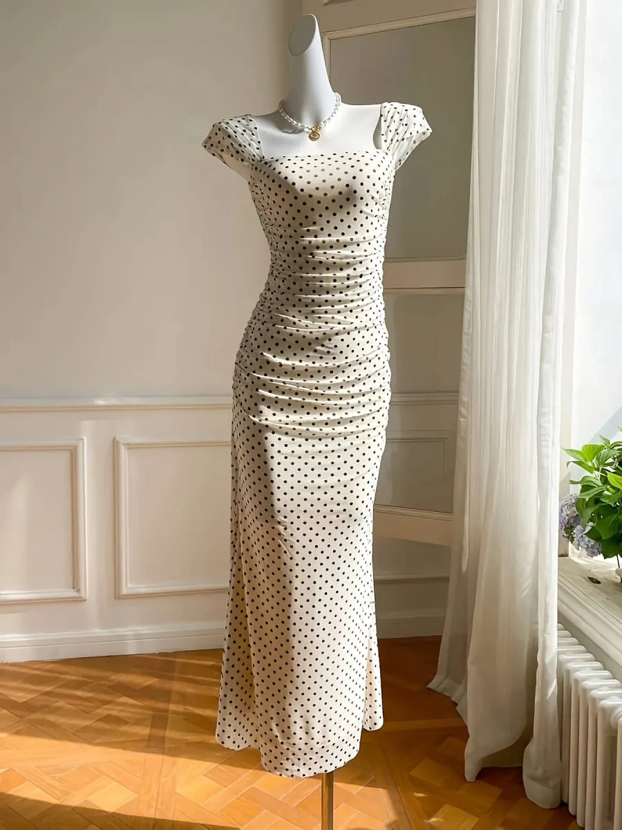 Elegant Lady Polka Dot Print Knitted Long Dress with Square Collar Tight Mermaid Skirt And Split Design for Women — image 5
