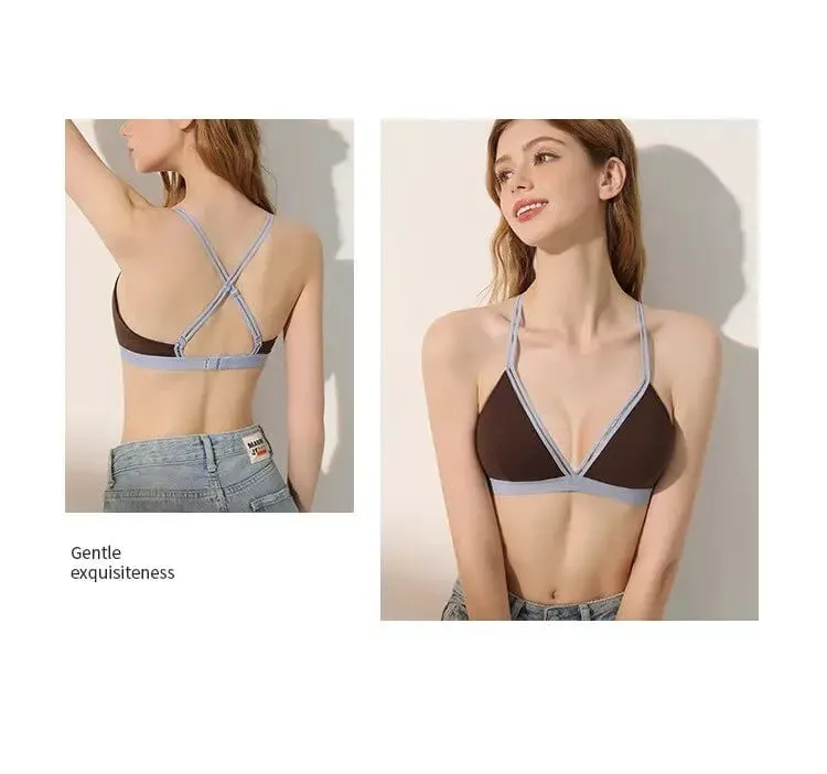 Deep V Triangle Bra for Women Small Bust Slight Gather Thin Strap Beauty Back French Style Seamless Light Soft Lingerie 32-38AB