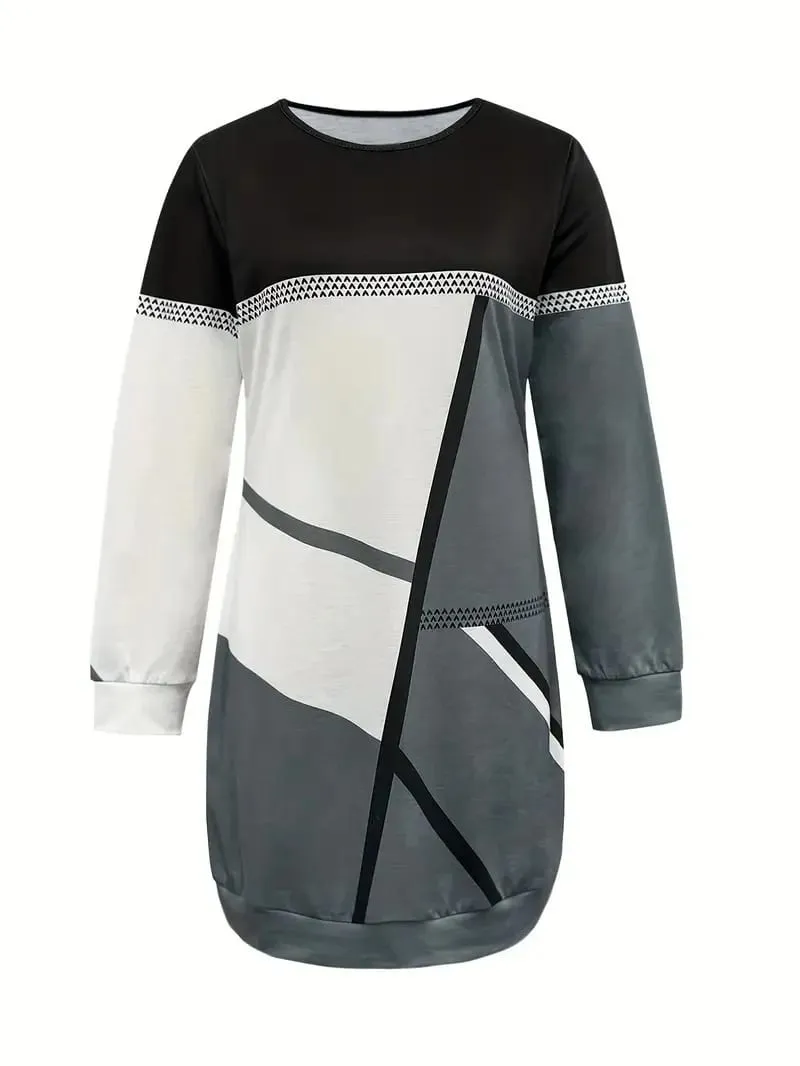 Women's Spring and Autumn Geometric Pattern Print Long Sleeve Round Neck Dress — image 3