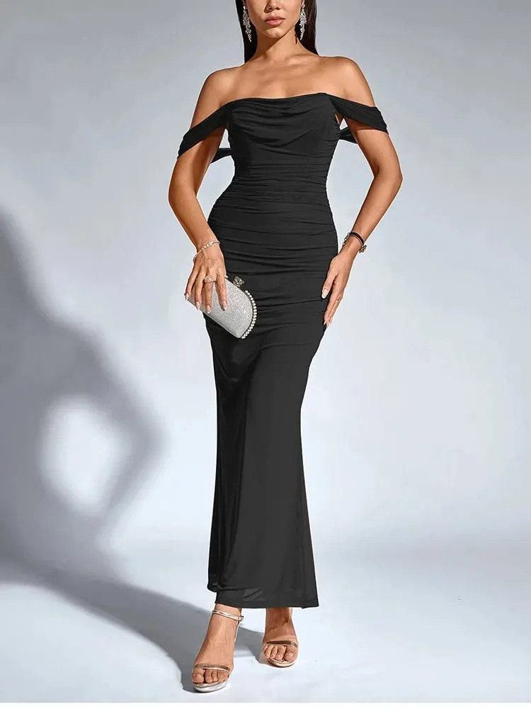 NewAsia Women's Off Shoulder Ruched Mesh Long Corset Dress Backless Fishbone Bodycon Elegant Fashion Party Club Maxi Dresses