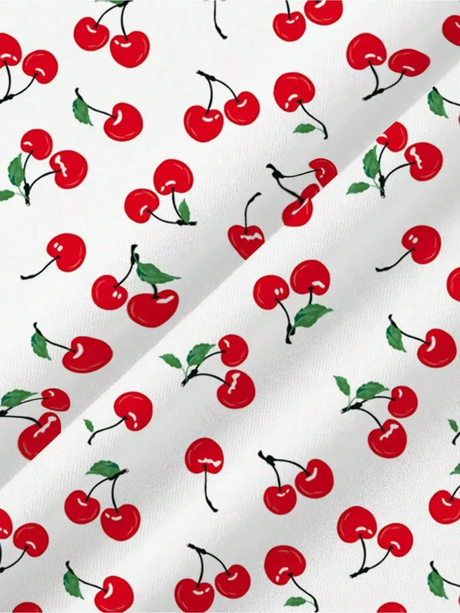Elegant Casual round Neck Solid Color Cherry Print Pocket Short Sleeve Mini Skirt Long Dress Comfortable Fashionable Women's Dre