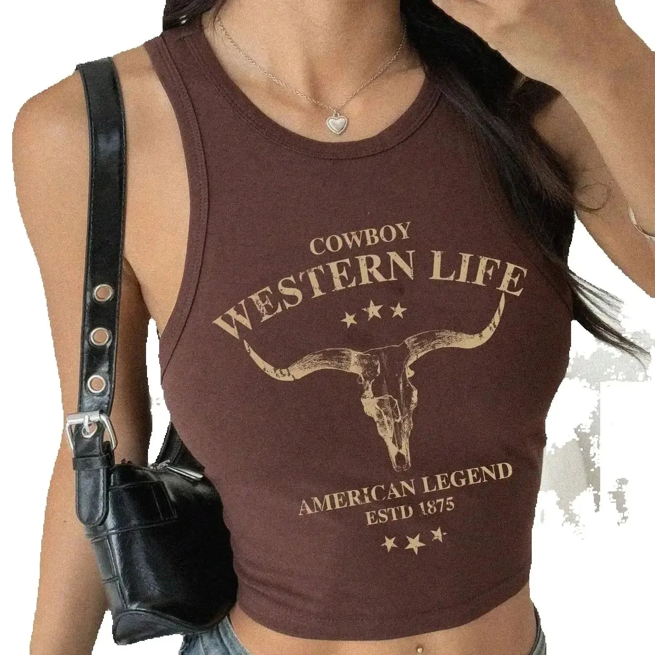 Ladies' Cow Head Bone Slogan Printed Brown Tone Tank Top Sleeveless Commuter Inner Wear Outer Wear Spicy Girl Street Casual Top0 — image 6