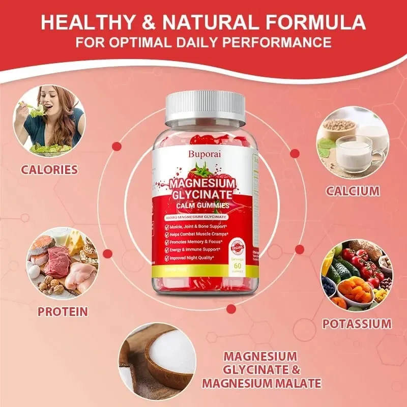 Magnesium Glycinate Gummies - For Sleep Reduce Leg Cramps & Muscle Pain Promote Physical and Mental Relaxation Boosts Energy