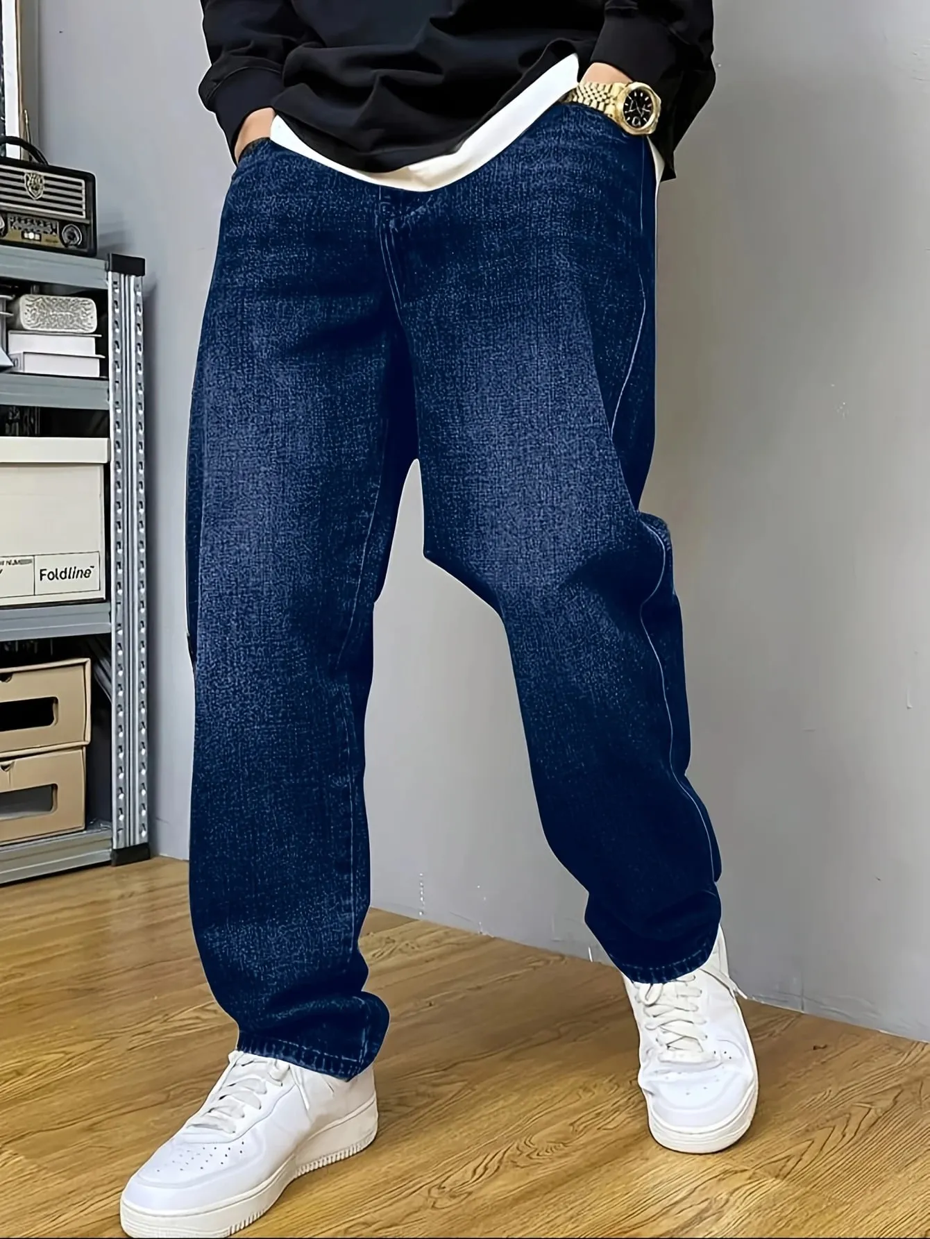 Men's Stretch Straight Jeans Plus Size Loose Fit Denim Trousers For Big Belly Guys Casual Long Pants Big Sizes To 50