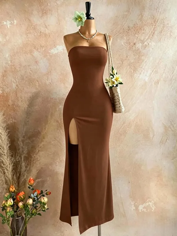 Women Strapless Tube Top Midi Bodycon Dress High Side Slit Solid Black Sleeveless Slim Fit Evening Party Long Dress