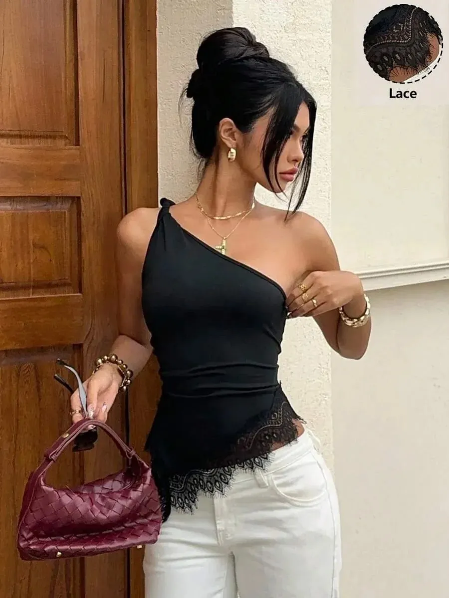 Women Black Lace Patchwork Twist Knot One Shoulder Top Summer Casual Y2K Street Style Backless Ruched Slim fit Crop Top — image 2
