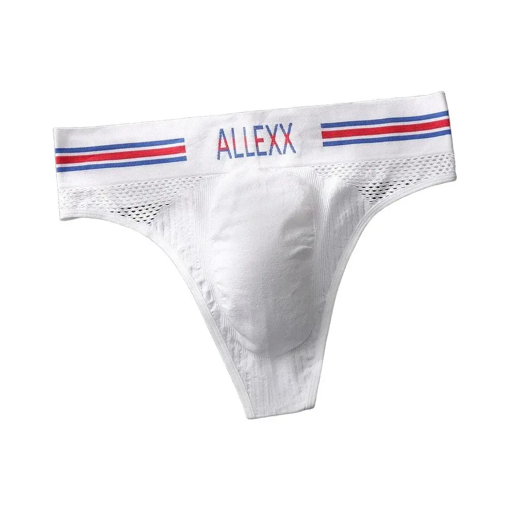 1pc Men's G-String Underwear 3D Bulge Pouch Striped Letter Printing Briefs Elastic Mesh Breathable Comfortable Thongs — image 2