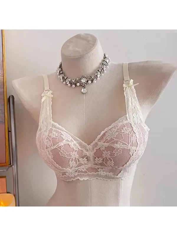 Sweet Halter Neck Bow Lace Wireless Bra Padded Push‑up Brassiere Ladies Layering Intimate Lingerie for Small Bust Size 32‑38 ABC