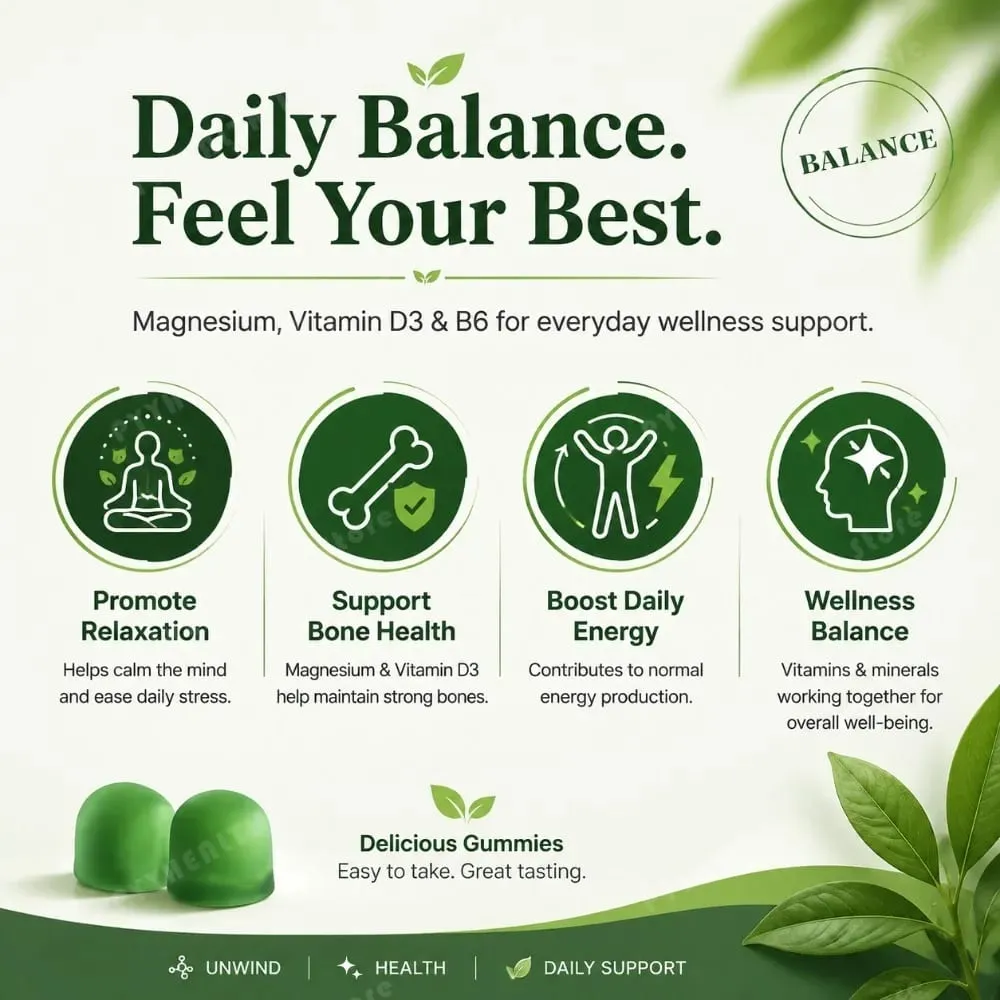 Docteat Magnesium Glycinate Gummies 500mg for Sleep & Stress Relief Bone Health with Vitamin D3 Calcium Citrate & B6 60 Count — image 3