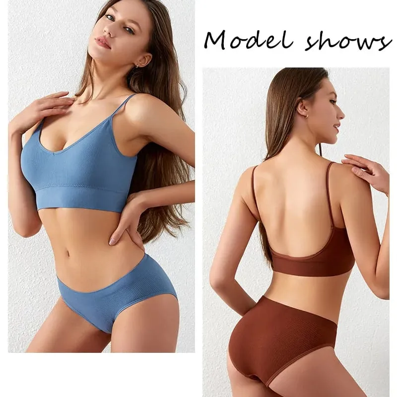 Women's Seamless Ribbed Bra and Panty Set 2 Piece Spaghetti Strap Crop Top High Stretch Lingerie Set with Removable Pads — image 2