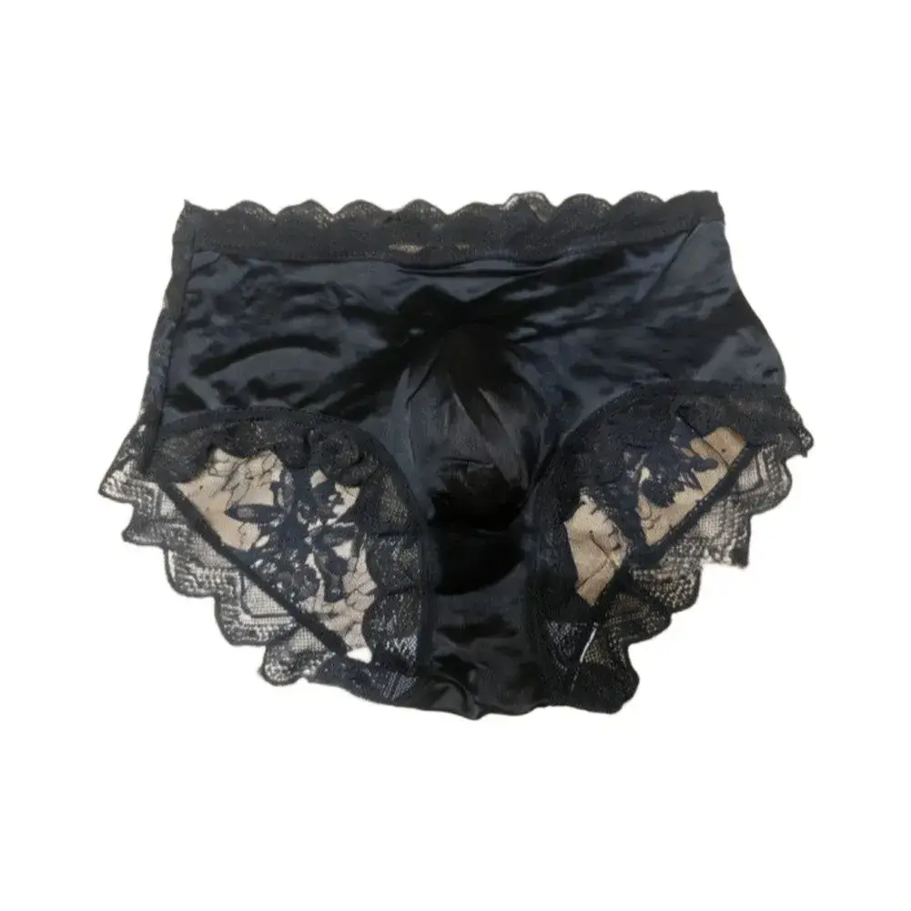 Men Satin Embroidery Floral Lace IceSilk Briefs Underwear 3D Bulge Pouch Panties Ice Silk Soft Quick Dry Breathable Sexy Panties