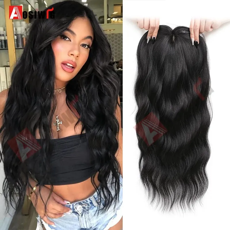 22 Inch Long Wavy Synthetic Hair Topper For Women Clip In Hairpiece Crown Hair Extension With Base Cover Thinning Hair Add Volum