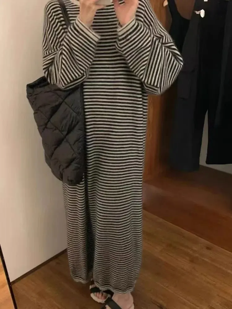 Lazy and Comfortable 100% Pure Cashmere Straight Striped Dress Joker Knit Bottoming Shirt Sweater Skirt in Autumn and Winter