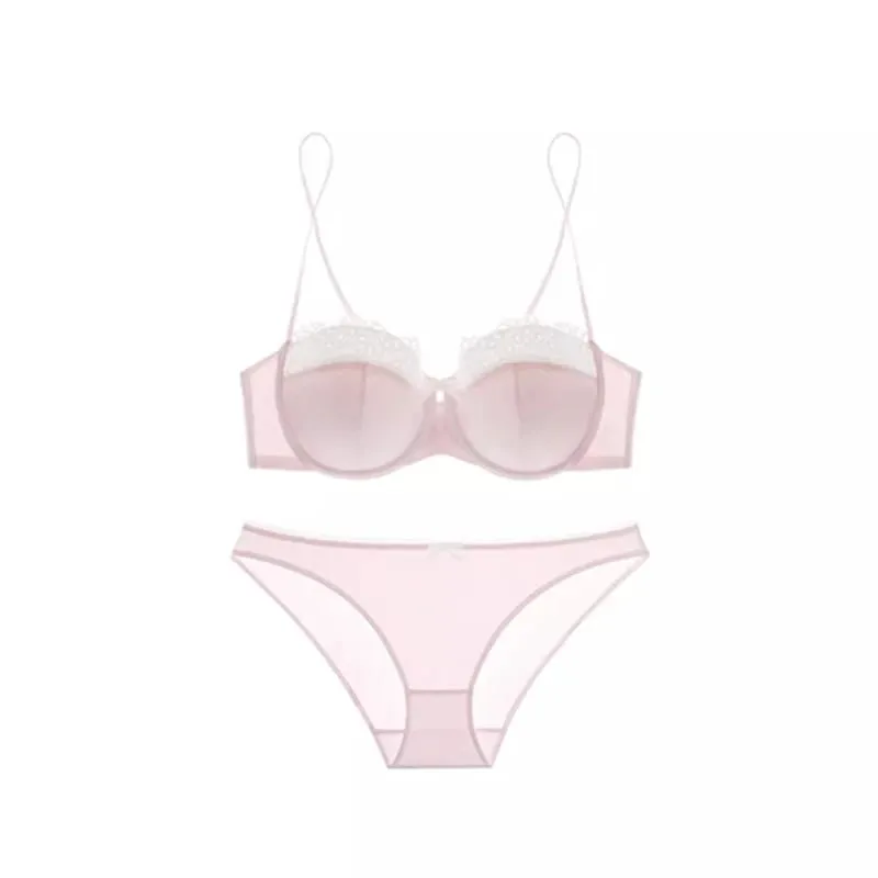 Elegant Women's Lace Lingerie Set Delicate Sensual Bralette Small Breasts Gather Support Thin Summer Bra Beautiful Back Design