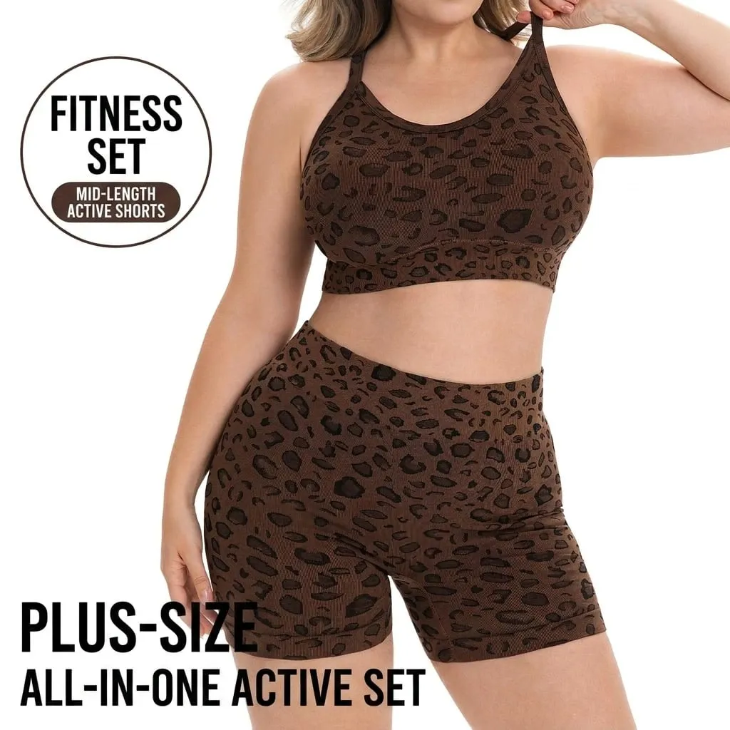 Women Plus Size Leopard Print Workout Set High Waist Tummy Control Shorts Padded Racerback Sports Bra 2PCS Gym Yoga Running Wear