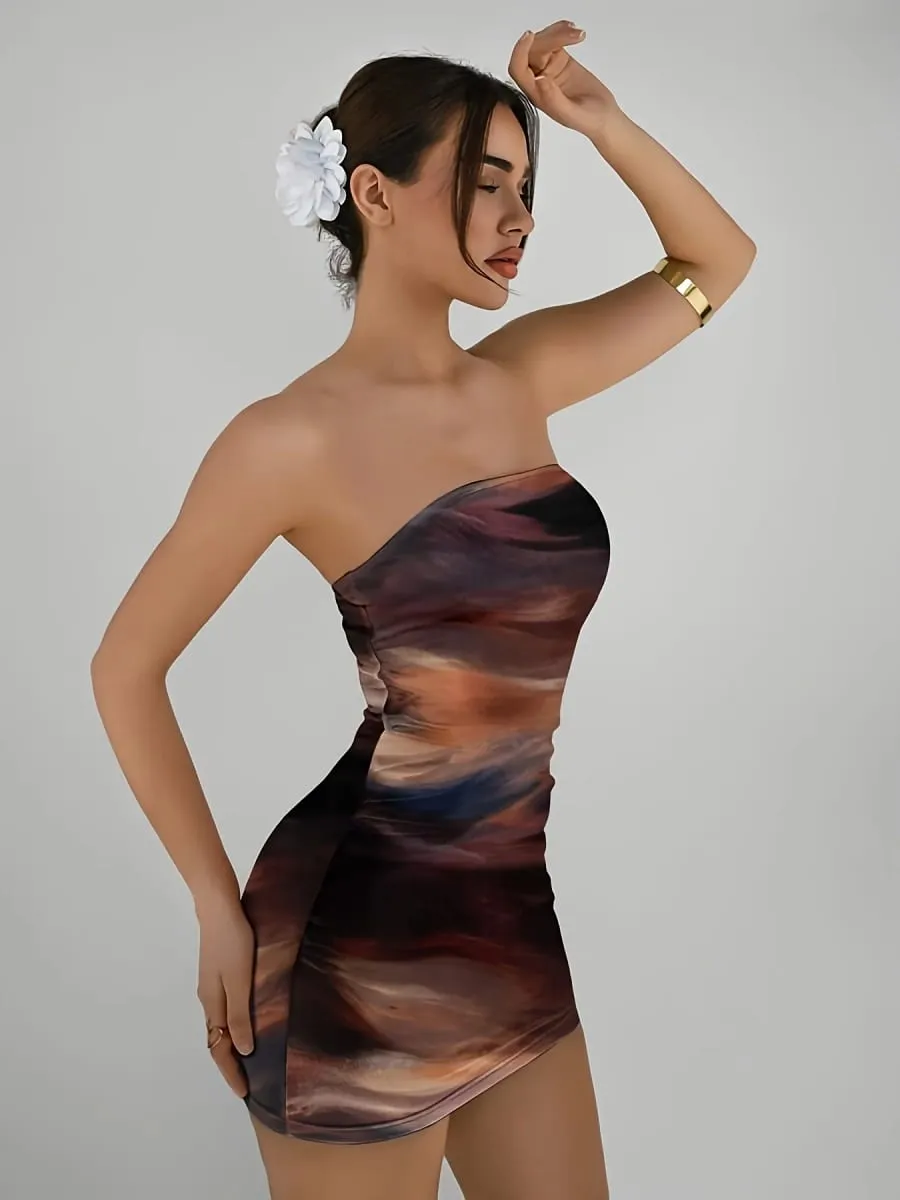 Minivestido elegante de punto con estampado degradado para mujer, vestido Sexy ajustado sin tirantes para primavera y verano, novedad de verano
