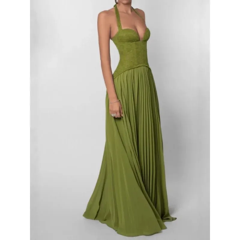 Vestido largo con cuello Halter y corsé de espina de pescado verde para mujer, Espalda descubierta, hombros descubiertos, diseño de telas combinadas con plisado, vestidos ajustados, vestido de fiesta de Navidad para mujer, nuevo — image 3