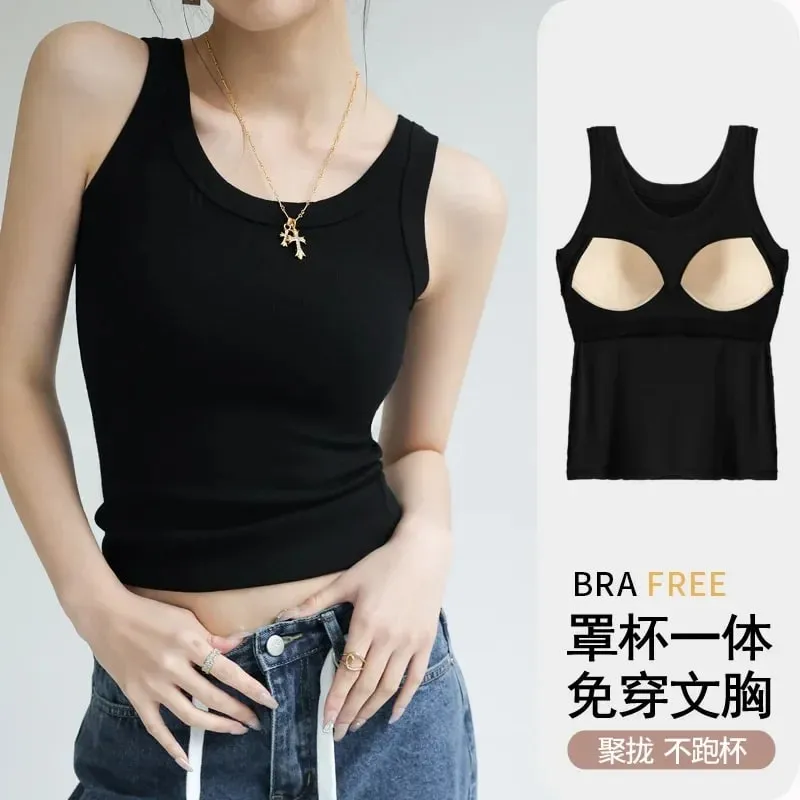 New Women Solid Round Neck Ribbed Tank Top Camisole Women Summer Basic Elastic TankTop One-piece Vest with Chest Pad Y2k