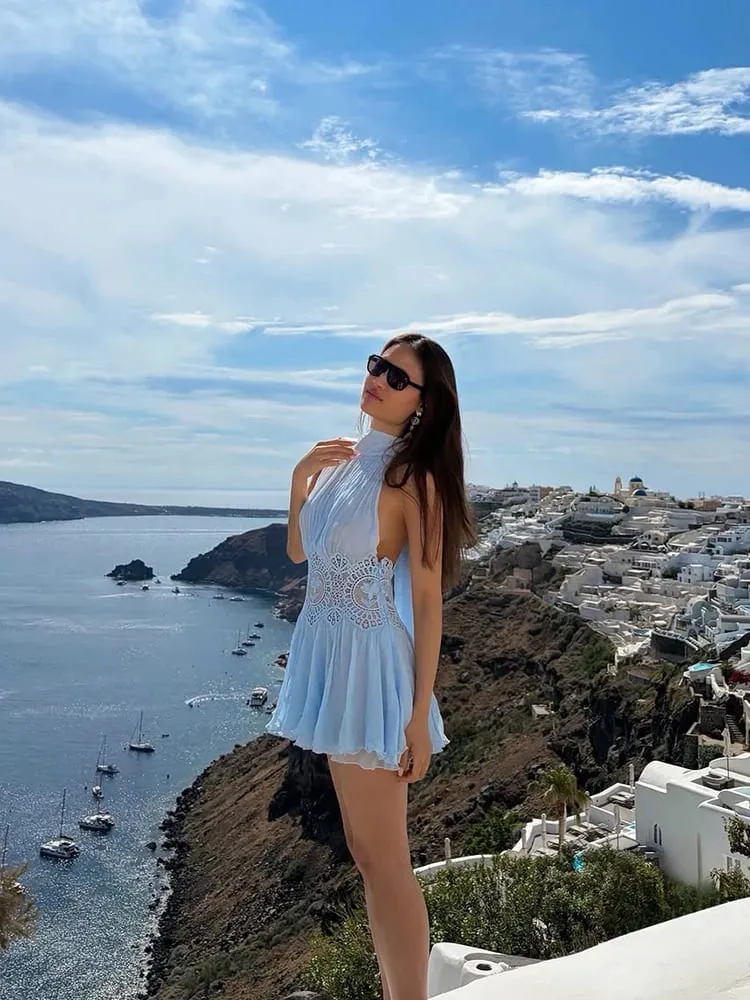 Sexig Hollow Out Solid Kvinnor Min Klänning Strand Plisserad Spets Rygglös Ärmlösa Kvinnliga Klänningar 2026 Sommar Lady Robe Ny