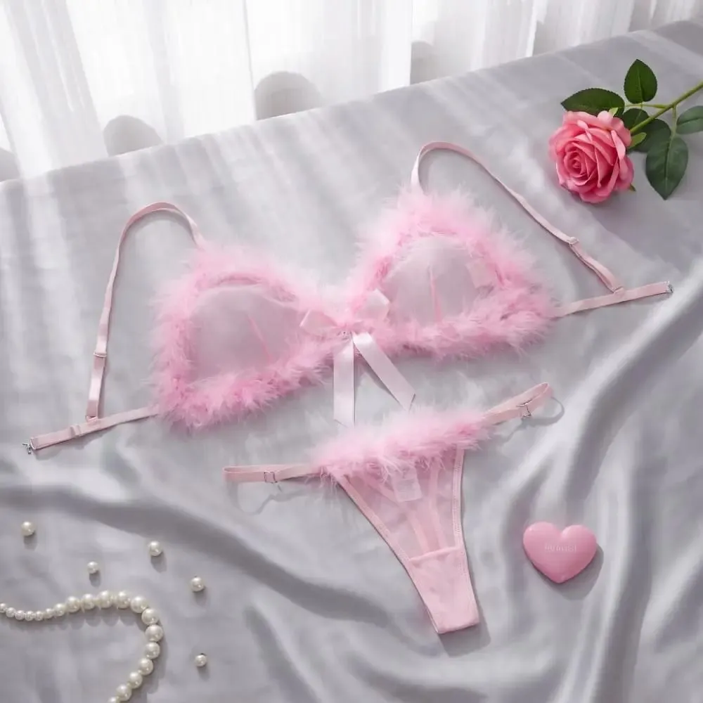 Furry Women's Underwear Mesh Transparent Bow Decor Lingerie Set Romantic Intimate Wireless Bra Panties Suit Intimate Moments — image 4