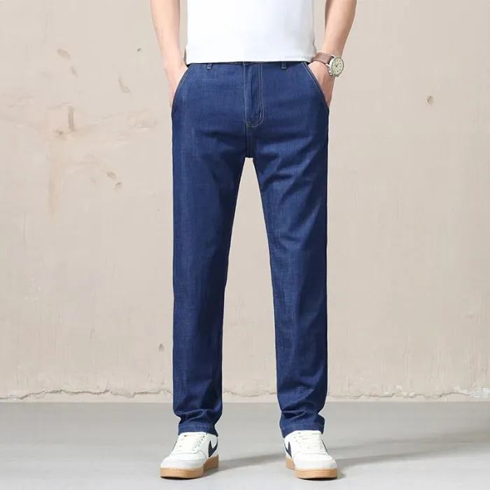 New Spring Summer Light Blue Men's Jeans Business Straight Cotton Black Casual Pants Trousers for Male Plus Size 28-40