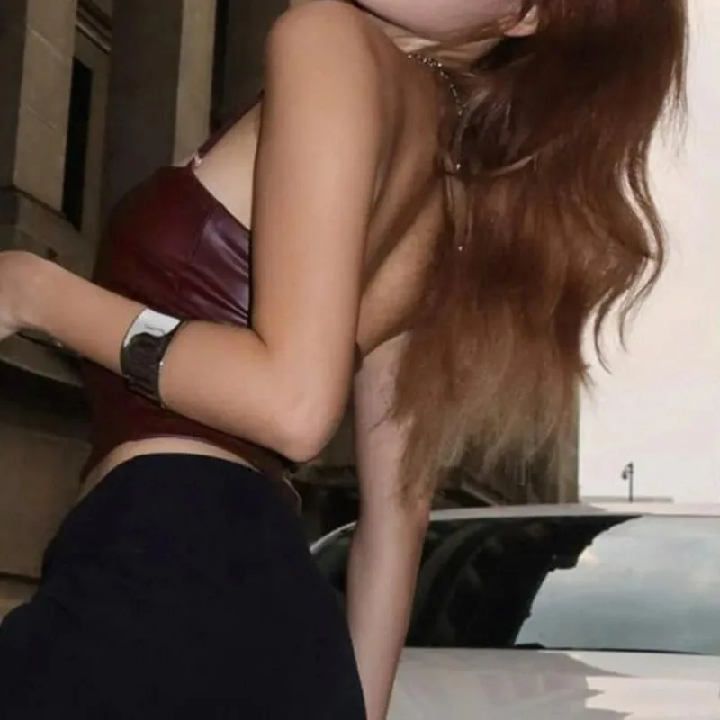 Wine Red PU Spliced One Shoulder Hanging Neck Strap Hot and Sexy Adjustable Backless Vest for External Wear — image 5