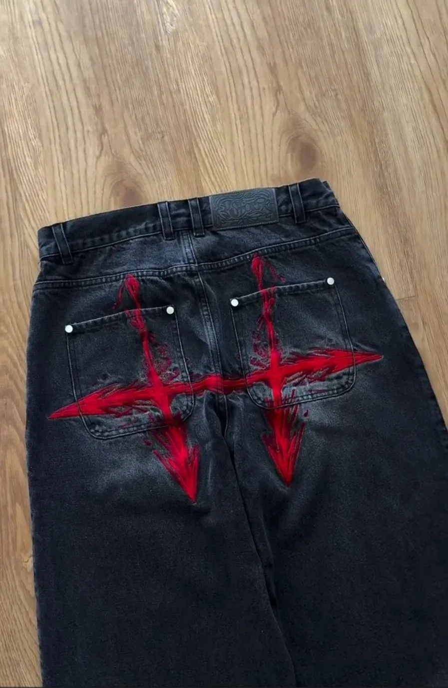 Y2K Vintage Loose Denim Pants Black Japan Cartoon Pattern Embroidered Jeans Women Wide Leg High Waist Streetwear Men Jeans — image 3