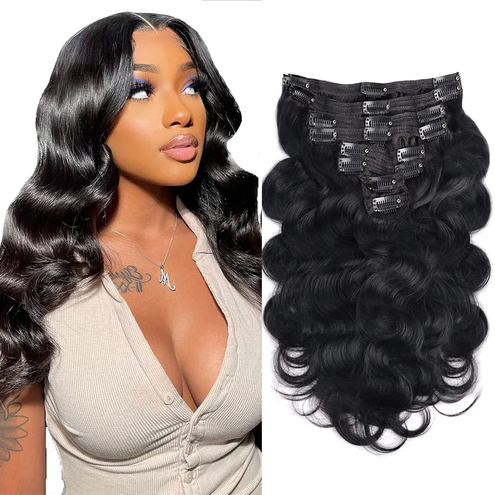 Body Wave Seamless Clip In Real Human Hair Extensions 8PC/Set Natural Brazilian Remy Hair Clip In Extension Full Head 16-32inch — image 6