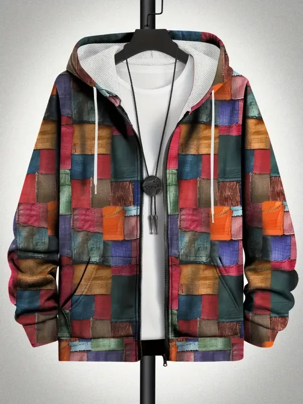 Retro Plaid Print Patchwork Zip Up Hoodie Men's Clothing Hot Style Long Sleeve Pullover Trend Streetwear Men Zip Up Hoodies