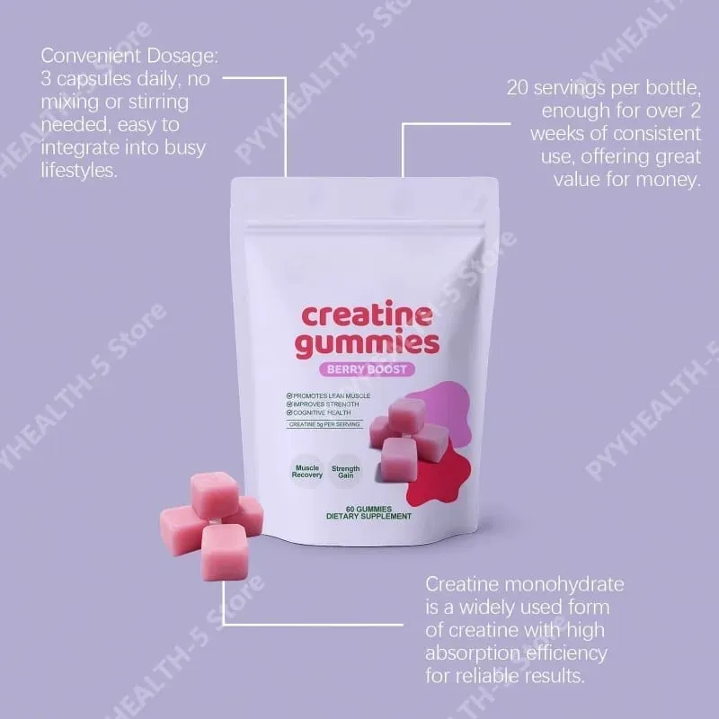 Creatine Gummies Chewable Gummy Supplement for Daily Support Serving 3 Gummies Total 60 Gummies