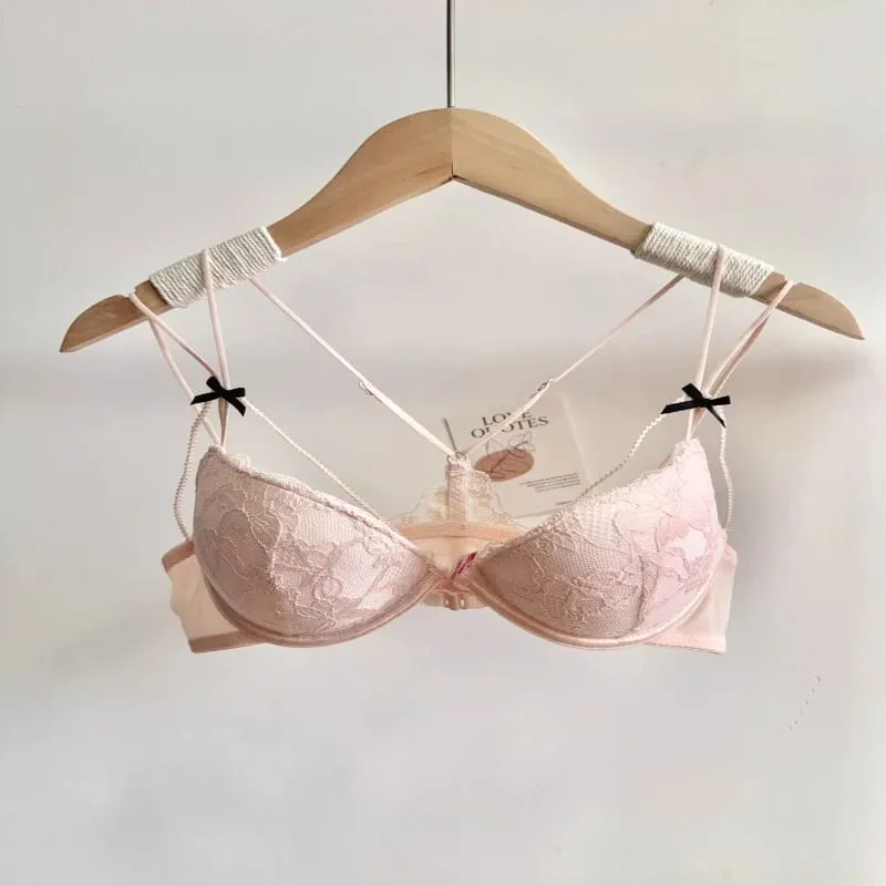 Conjunto de Lingerie Feminina com Fecho Frontal Sutiã Push-Up Sem Aro Com Bojo Fino Alças Delicadas Sexy e Requintado