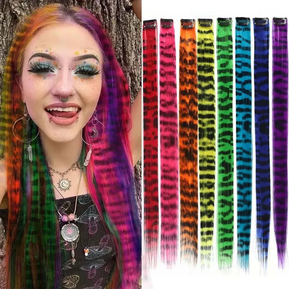 10pcs/set Stripe Printed Hair Colorful Long Straight Hair Pieces Synthetic Clip-in Hair Extensions for Daily Use Party Christmas — image 2