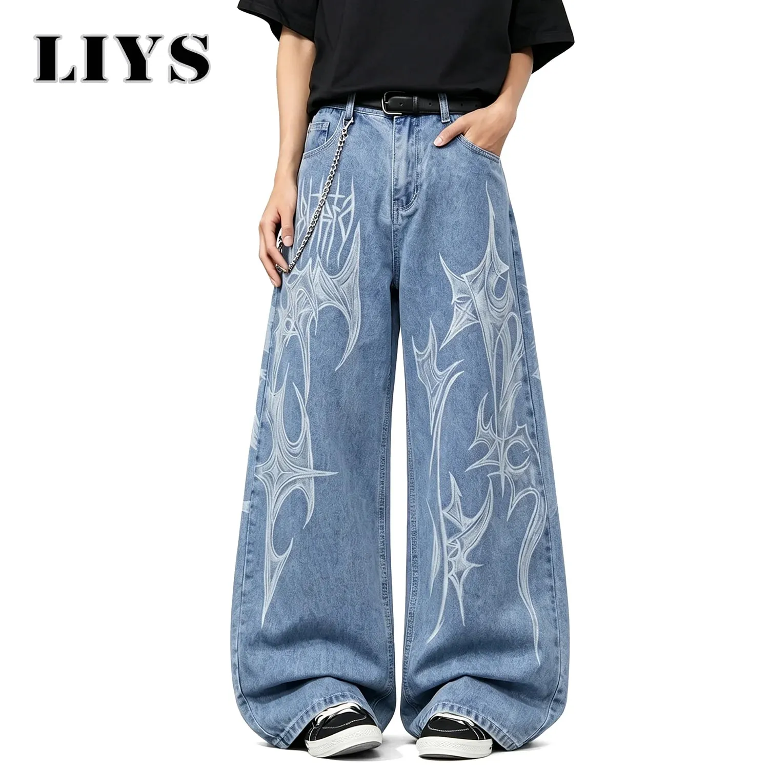 Men's Casual Spiral Graffiti Print Hip Hop Oversized Baggy Wide Leg Jeans Trendy Casual Slop Lazy Street Daily Denim Pants