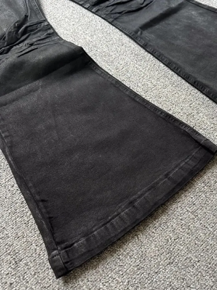 Retro Dark American High Street Handmade Brush Wax Coating Washed Floor Micro Flared Jeans Men Trendy mid Waist Loose Fit Jeans