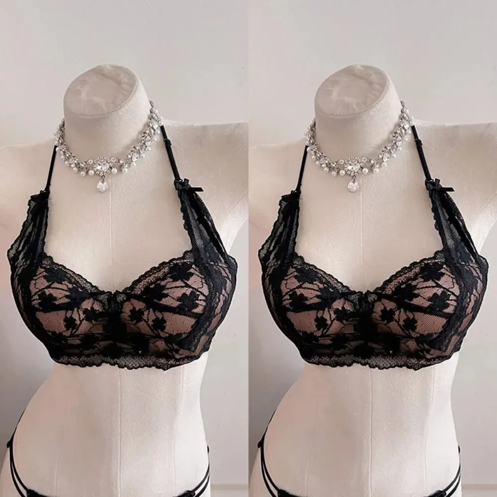 Sweet Halter Neck Bow Lace Wireless Bra Padded Push‑up Brassiere Ladies Layering Intimate Lingerie for Small Bust Size 32‑38 ABC