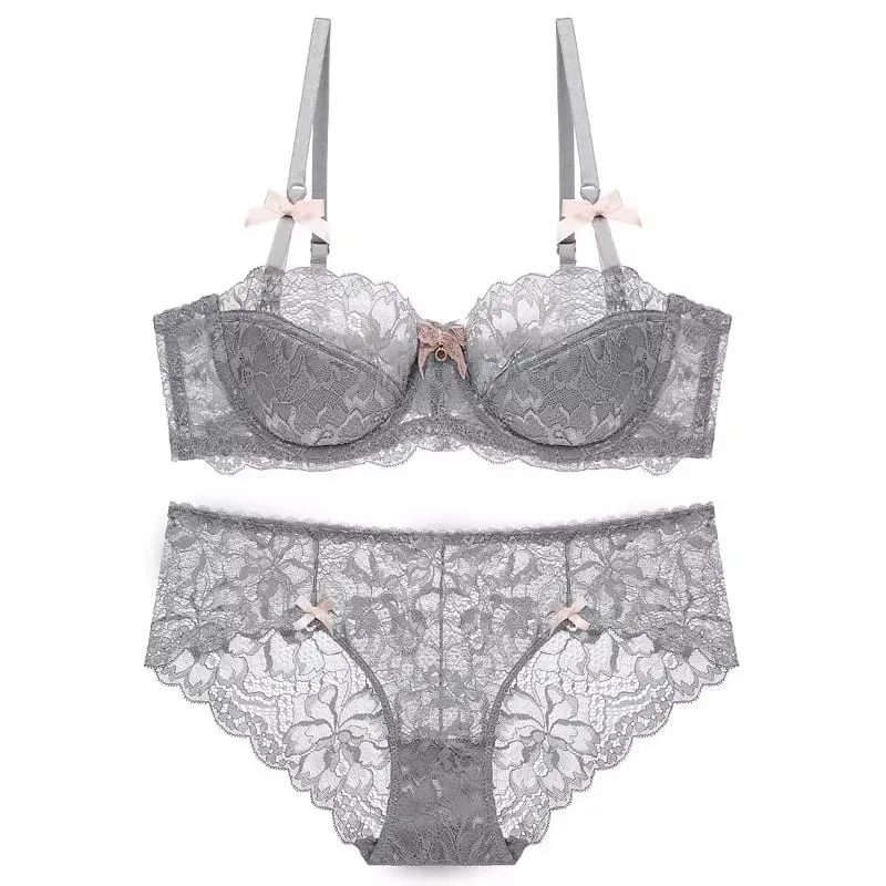 Best Sellers Women Sexy Lace Half Cup Bra Set Soft Underwire Gathered Thin Push Up Elegant Exquisite Lace Comfort Lingerie Set