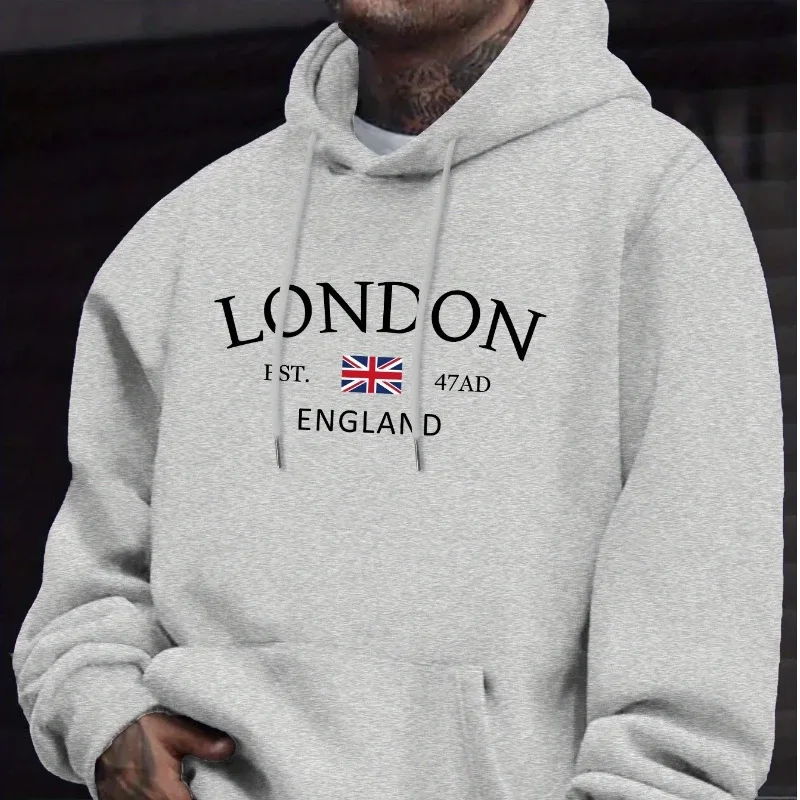 London Fashion Print Hoodies For Men Casual Autumn Winter Casual Sweatshirt Kangaroo Pocket Long Sleeve Autumn/Winter Simple — image 5