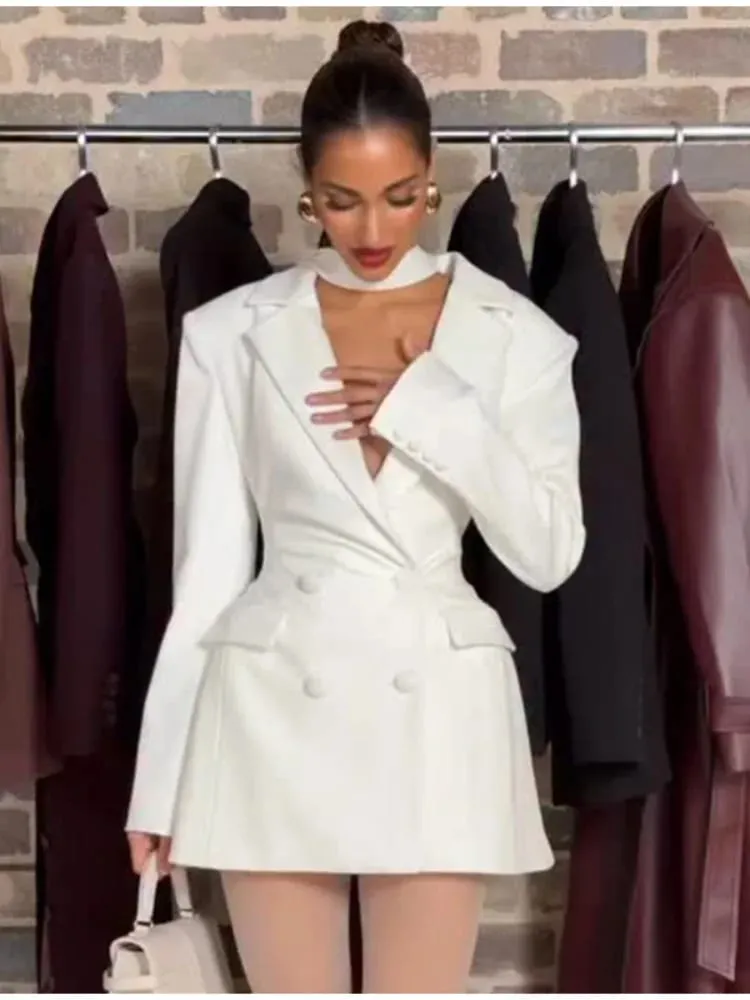 Chic Waist Cinching Mini Dress Women Elegant Full Sleeve Deep V-neck Double Breasted Short Dresses Lady Daily Party Street Gowns