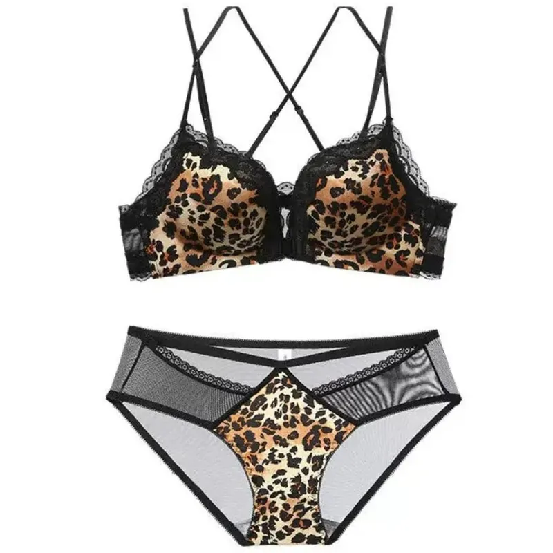 Women Leopard Front Closure Push Up Bra Small Bust Anti Spill Side Support Sexy Back Brassiere Size 32-38ABC Daily Wear Lingerie