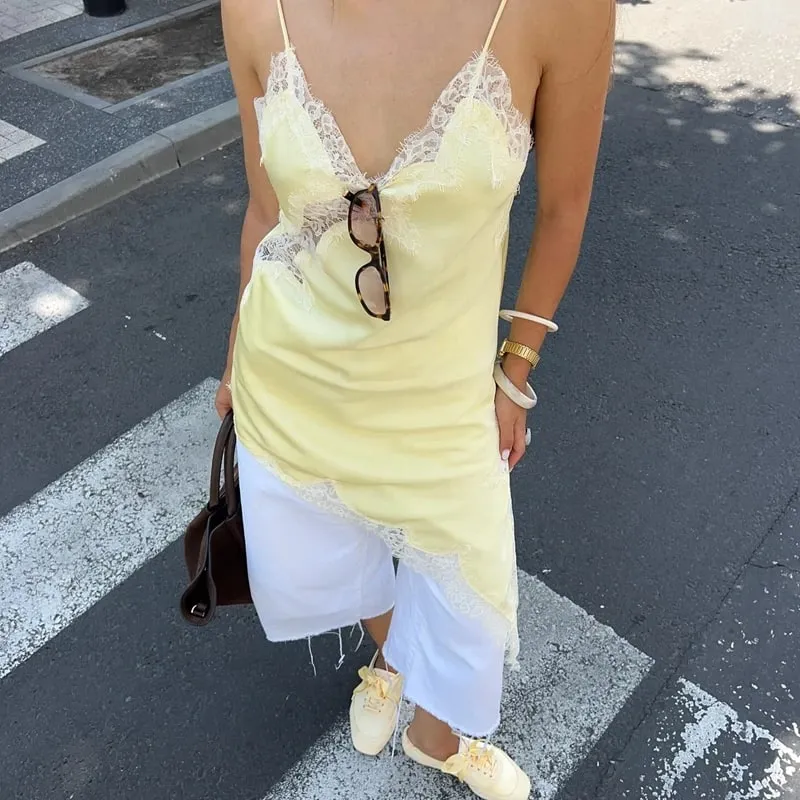 Combhasaki Women Floral Lace Trim Satin High Low Vest Silk Spaghetti Strap Side Split Asymmetrical Cami Flowy Silky Layering Top — image 5
