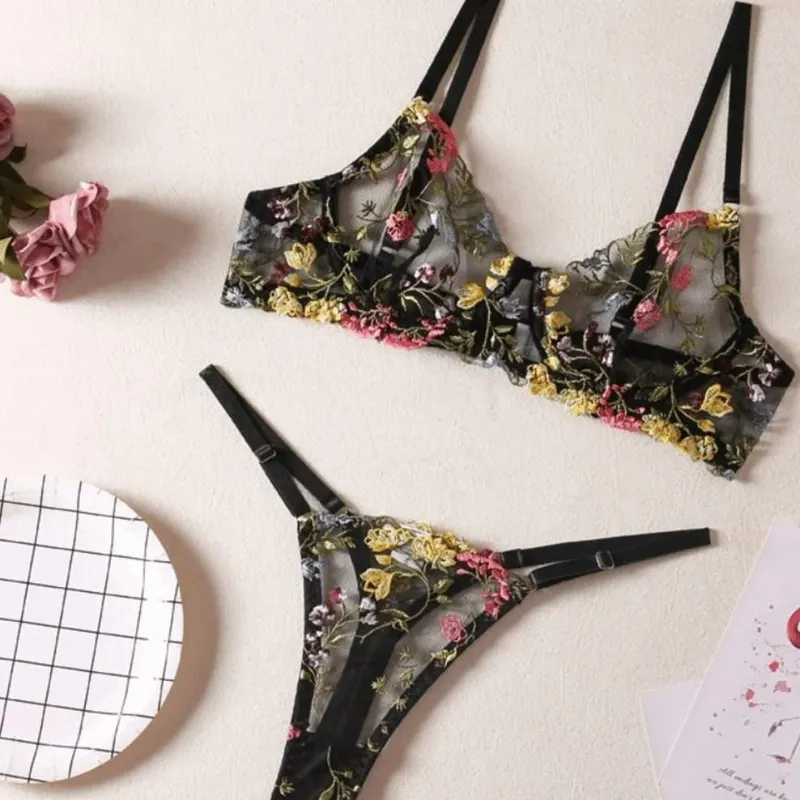 Dwuczęściowy, uniwersalny komplet bielizny w kwiaty, haftowany przezroczysty biustonosz w stylu boho, komplet majtek Intimates