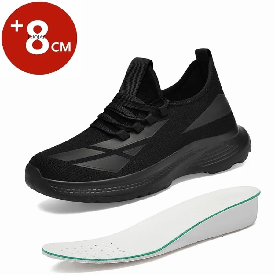 Men All Black Breathable Mesh Elevator Shoes 8Cm Invisible Height Increase Non Slip Casual Sports Daily Walking Workout Sneakers