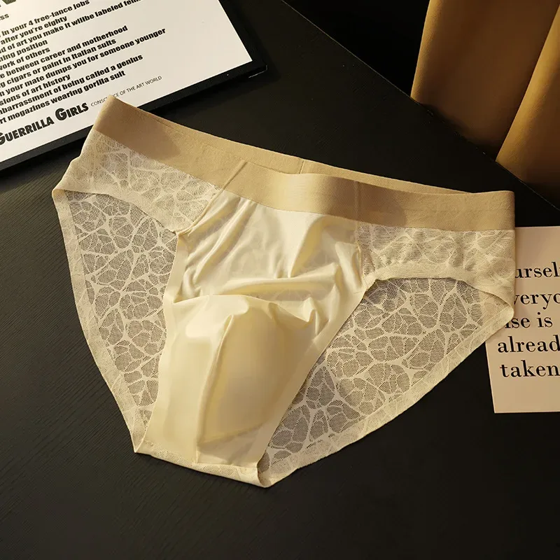 Men Triangle Underwear Ice Silk Thin Breathable Panties Quick Drying Briefs Male Sexy U Bulge Pouch Underpant Lace Leopard Print