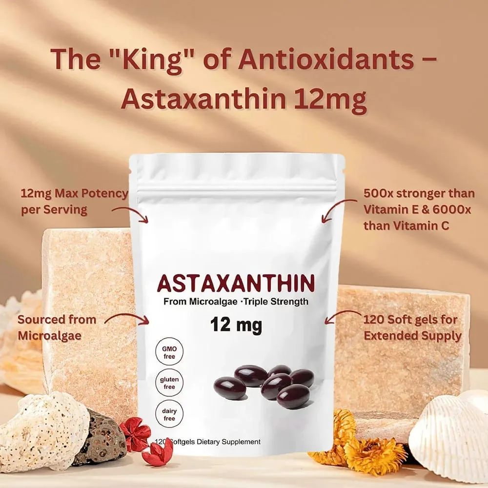 Astaksantyna o potrójnej sile 12 mg - Naturalny suplement przeciwutleniający astaksantyna Nie zawierający GMO i bezglutenowy - 120 kapsułek żelowych — image 1