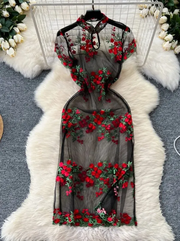 Woman Embroidery Floral Mesh Fashion Sexy Dress Chinese Style Short Sleeve Split Hollow Out Cheongsam New Gauze Sheer Dress