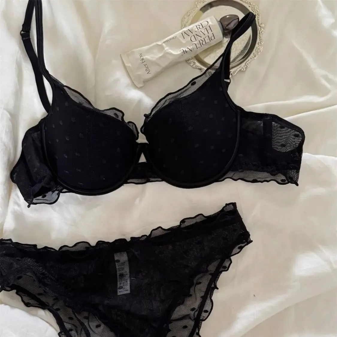 French Lace Polka Dot Bra Two-Piece Set Small Chest Gathering and Lifting Anti-Sagging Side Breast Collecting Lingerie Set — image 1