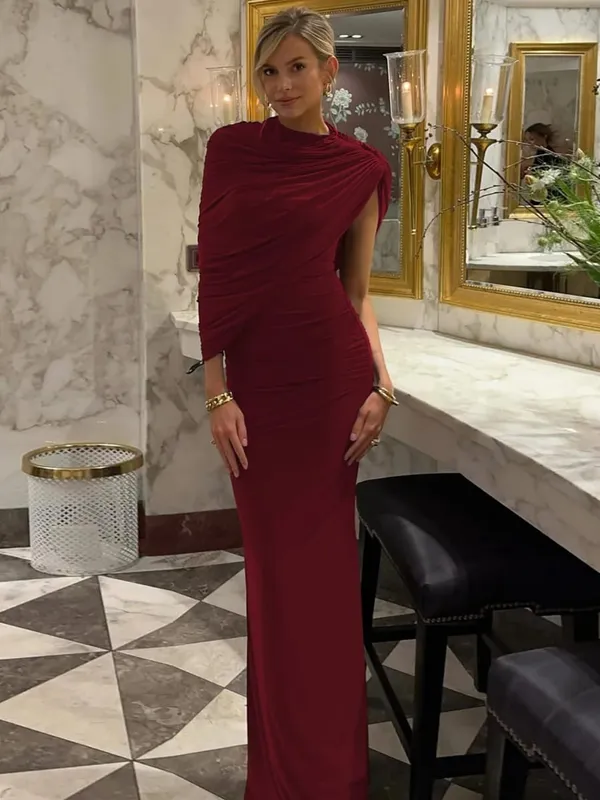 Hugcitar Women Fashion Turleneck Solid Short Sleeve Irregular Sexy Ruched Maxi Prom Dress Summer Clothes Evening Party Birthday — image 8