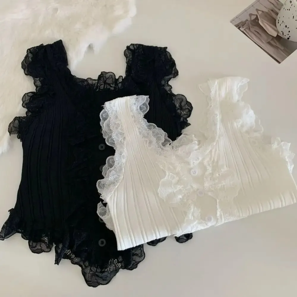 Cute Y2k Lace Knitted Crop Top Tank Korean Style Women's Knit Vest Top Undershirt Sweet Sleeveless Camisole Summer