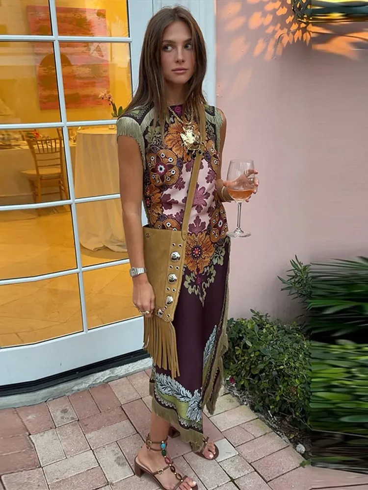 Elegant Printed Women's Dress Fringed Sleeveless Slim Irregular Lady Dresses 2026 Spring Summer Chic Female Holiday Robe