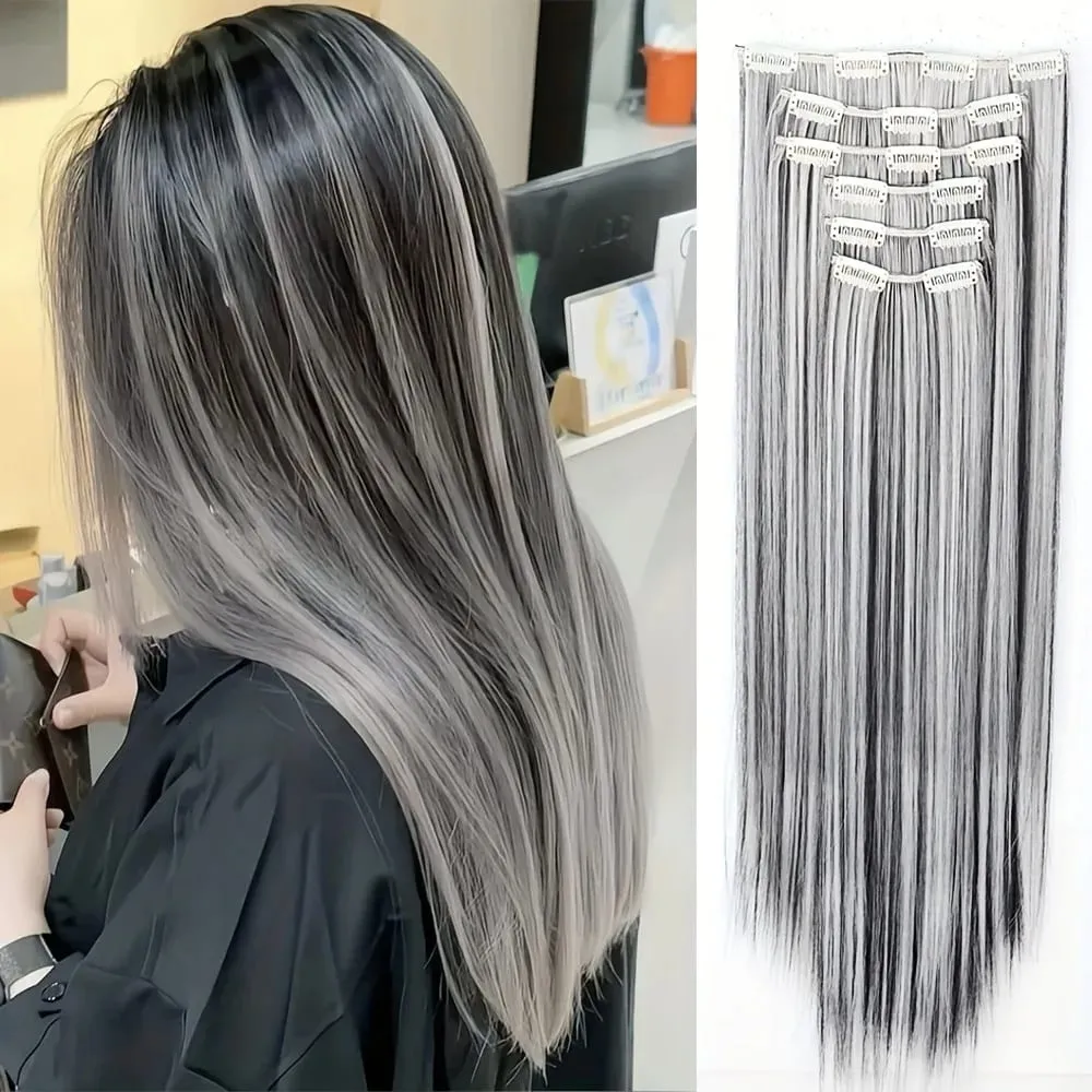 24 Inch Long Straight Clip In Hair Extensions 16 Pieces Thick Synthetic Hairpieces Soft Natural Synthetic Fibers